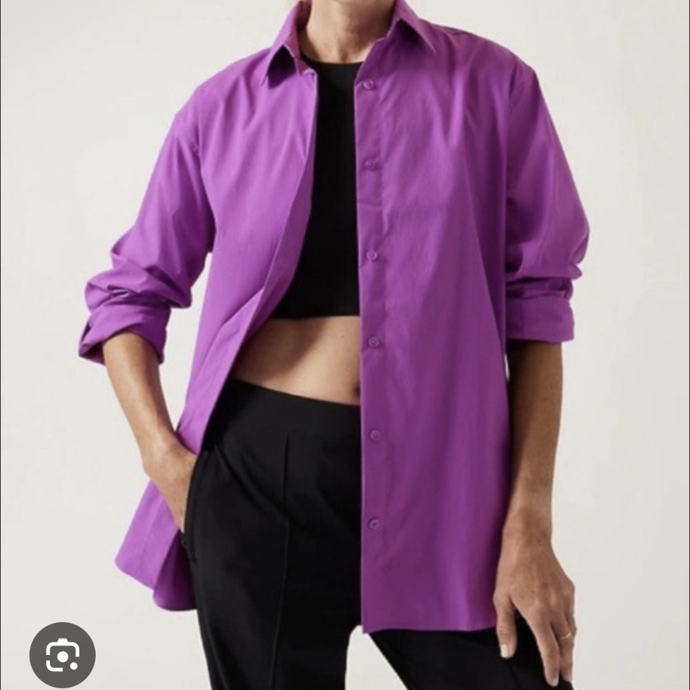 Athleta Oversized Poplin Button Down Blouse Performance Fabric sz S Purple